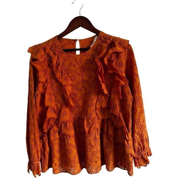The GREAT. Eyelet Ruffle Flutter 3/4 Sleeve Top  Spice Orange Size 2 M Peasant - Picture 4 of 15